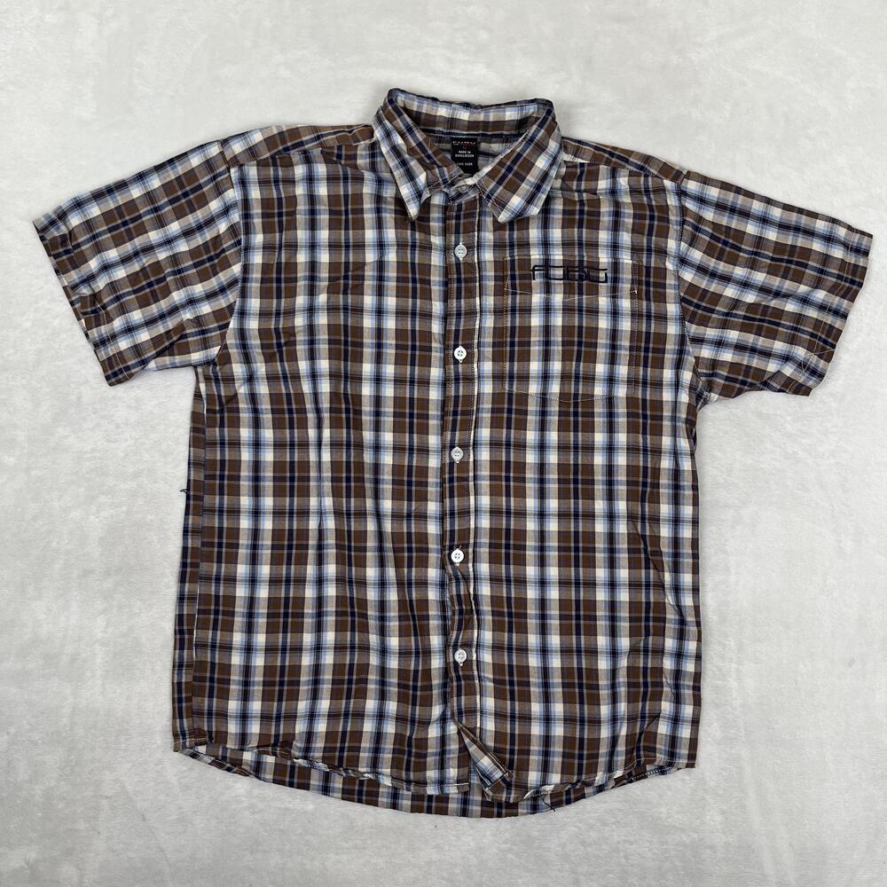 Vintage FUBU Shirt Kids 16 Brown Plaid Short Sleeve Button Front Streetwear